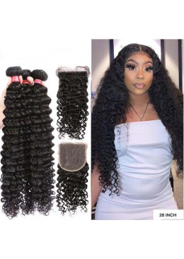 Deep Wave Hair Bundles with Lace Closure 5x5 Peruvian Human Hair Bundles With Closure 