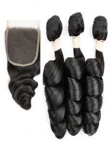 Egg Curl Bundles with Closure Peruvian Hair Bundles with 4x4 Closure Remy 100% Human Funmi Hair Bundles