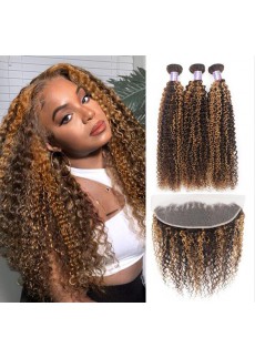 Highlight Curly Hair Bundles With Frontal Brazilian Remy Ombre Kinky Curly Bundles With Lace Frontal 13x4