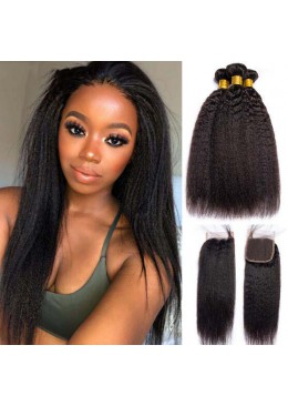 Kinky Straight Hair Bundles With Lace Closure Mongolian Virgin Hair Bundles With 4x4 Closure Yaki