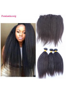 Kinky Straight Hair Bundles With Lace Frontal 13X6 Brazilian Human Hair Weaves with Frontal Closure