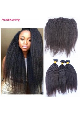 Kinky Straight Hair Bundles With Lace Frontal 13X6 Brazilian Human Hair Weaves with Frontal Closure