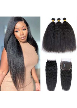 Malaysian Human Hair Bundles with Lace Closure 5x5 Kinky Straight Hair Bundles