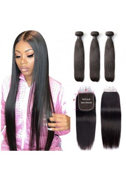 Malaysian Virgin Hair Bundles With Lace Closure Straight Human Hair Bundles with Closure 5X5