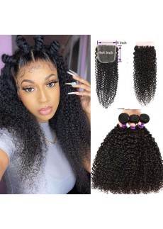 Mongolian Afro Kinky Curly Bundles With Closure  30 Inch Curly Human Hair 3 Bundles With Closure 4x4 Black Remy Human Ha