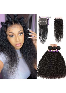 Mongolian Afro Kinky Curly Bundles With Closure Curly Human Hair 3 Bundles With Closure