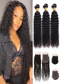 Peruvian Curly Human Hair With 4x4 Lace Closure Remy Peruvian Hair Bundles With Closure