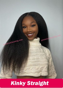 200 Density Glueless Yaki Natural Long Kinky Straight Lace Wigs Natural Black Full Lace Wig