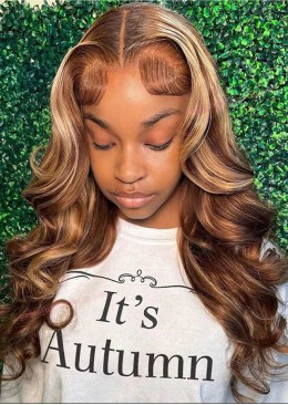 Piano Highlight Color 4/27 Honey Brown Body Wave Full Lace Wig
